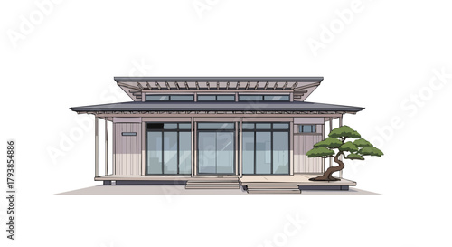 Architectural visualization of a modern Japanese house with a bonsai tree standing in front, featuring clean lines and minimalist design elements