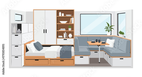 Efficient living: An illustration of a smartly designed small apartment with integrated storage and versatile functionality