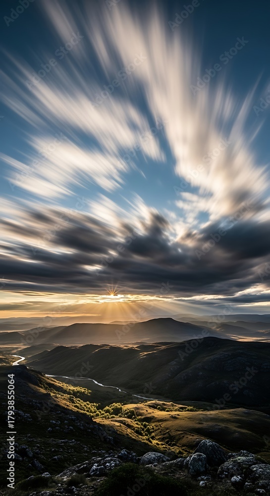 Fototapeta premium Dramatic Sky Over Snowdonia Mountains at Sunset with Motion Blur.