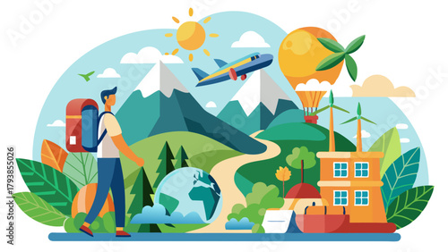 A traveler with a backpack embarks on a global journey, with an airplane, hot air balloon, and wind turbines amidst mountains and a winding path, representing adventure and ecotourism
