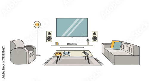 Charming illustrated living room interior with modern media setup and comfortable seating arrangement
