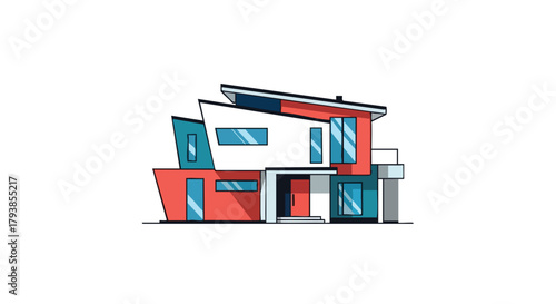 Vivid minimalist illustration showcasing a unique contemporary home design against a pristine white canvas drawing attention to architectural