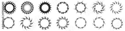 Set Circular Neo Tribal Y2K Gothic Vector Ideal for music album covers, tattoo design, posters, and graphics requiring a retro-futuristic, stylized, edgy aesthetic.