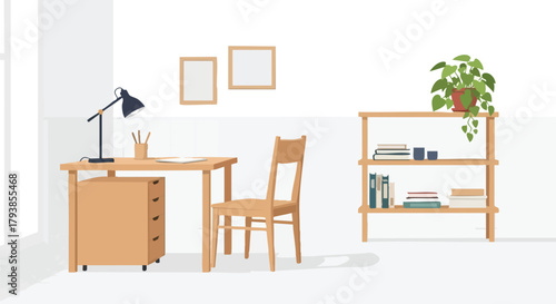 Bright workspace illustration featuring a desk, chair, shelf, and natural lighting fostering productivity and a calm atmosphere in a modern setting