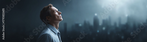 Hopeful young businessman looking up toward divine light. Analyzing future with inspiration against dark, futuristic city background