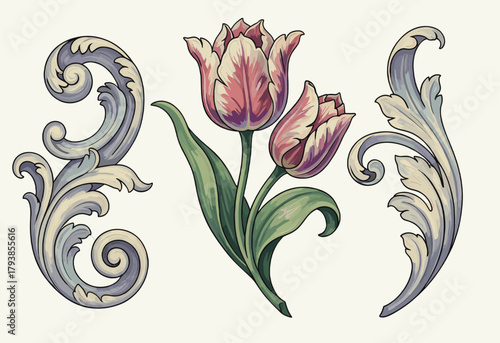 Elegant baroque floral ornaments with swirling acanthus leaves and pink tulip blooms in a refined vintage style.