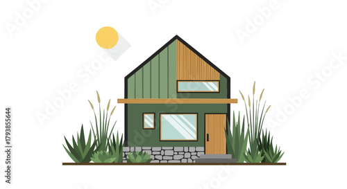 Stylized depiction of a modern green house surrounded by foliage under sunlight ideal home illustration  flat design vector artwork