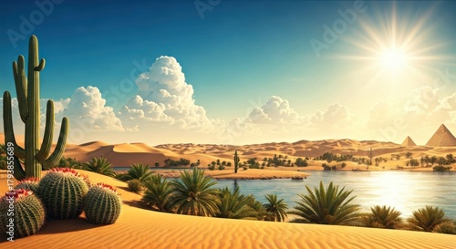 Desert landscape featuring cacti, water, sand dunes, pyramids, and a bright sun