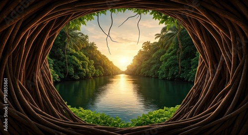 Lush river scene framed by a tunnel of tree roots, sunset illuminating the water