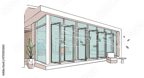 Contemporary Living Space with Bi-Fold Doors and Gentle Breeze Animation Depiction
