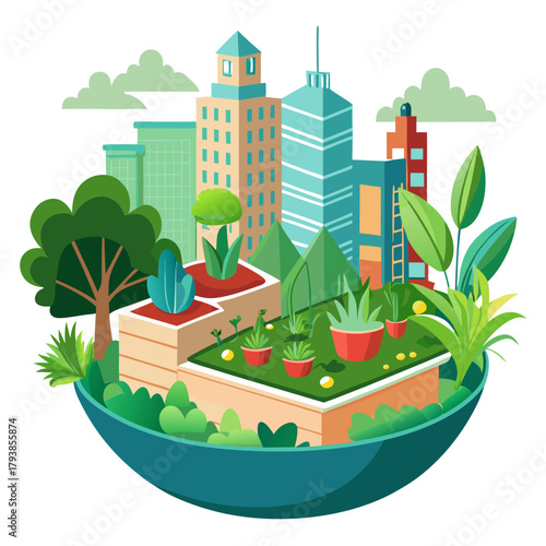 A miniature world of urban greenery, showcasing a thriving city garden on a raised platform with diverse plants and modern architecture, representing ecological balance