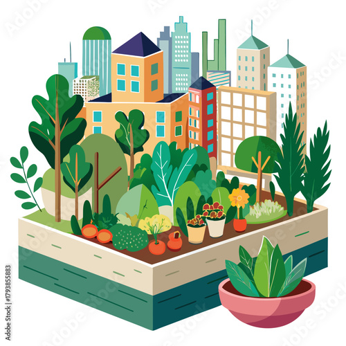 Urban gardening concept with a raised garden bed full of vegetables and plants, set against a backdrop of city skyscrapers and buildings, symbolizing sustainable city living and green spaces