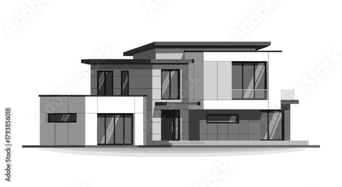 Sleek architectural elevation showcasing a modern two-story house design in monochrome shades, emphasizing clean lines and minimalist aesthetics