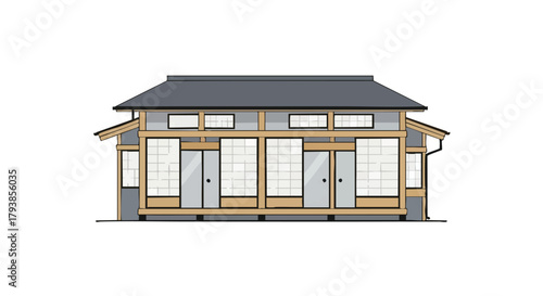 Traditional Japanese house facade with shoji screens and dark gray tiled roof providing minimalist architectural design 98 characters