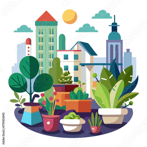 A vibrant urban oasis featuring potted plants and flowers against a backdrop of city skyscrapers, symbolizing the integration of nature into urban living