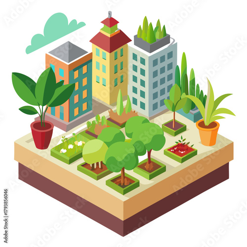 Stylized isometric view of a compact urban environment integrating nature with modern architecture, featuring trees and gardens