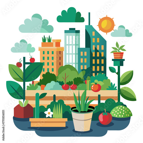 Urban gardening concept with buildings, plants, and vegetables growing in a city environment, representing sustainability and green living