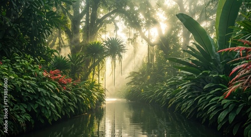 Lush, verdant jungle scene with a waterway reflecting sunlight and verdant foliage