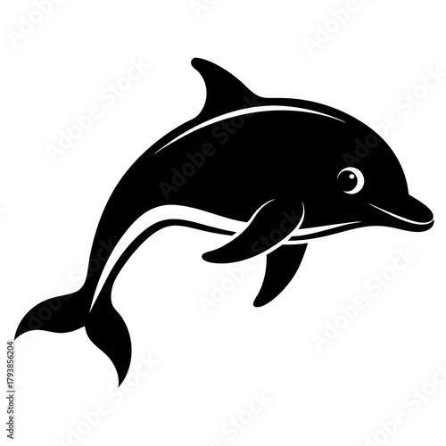 Stylized black silhouette of a dolphin with a curved body, isolated on a, representing marine life