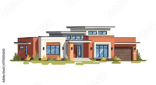 Contemporary single family residence design, showcasing architectural drawing and modern curb appeal style home illustration