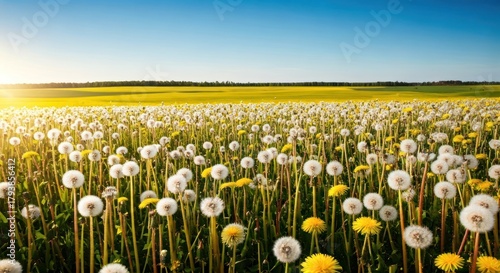 Vast field of dandelions, some yellow, some white and fluffy, bathed in warm sunlight under a blue sky