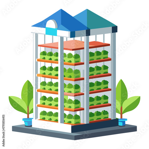 A multistory indoor farming facility with rows of shelves filled with lush green plants, utilizing controlled environment agriculture for efficient crop production