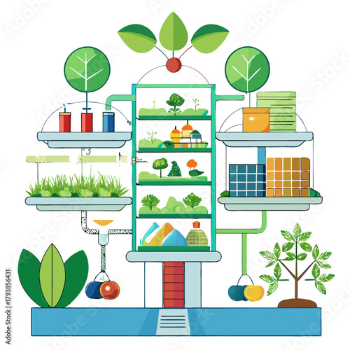 Abstract representation of a futuristic farming structure with multiple levels of cultivation, showcasing plant growth and innovative agricultural techniques