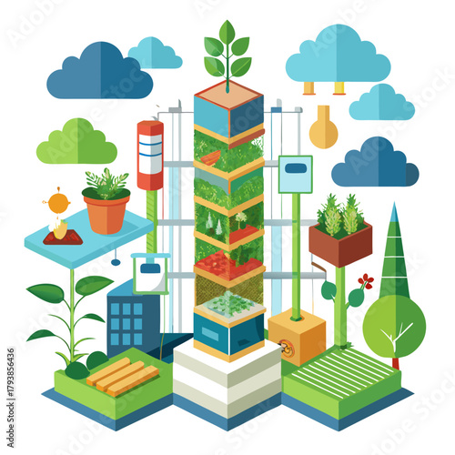 Vertical farming concept with different layers of plants and crops growing in a modern, sustainable agricultural system