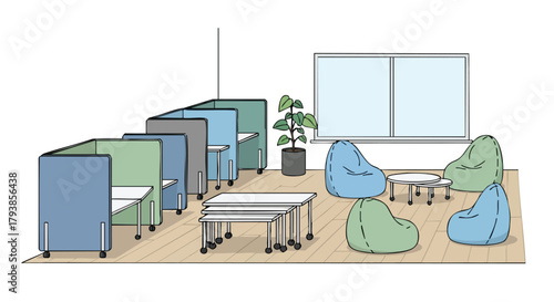 Creative office space featuring individual workstations and collaborative lounge area with beanbags provides modern work environment sketch