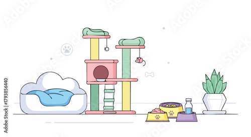Delightful cartoon illustration showcasing a modern cat habitat complete with stylish furniture and essential pet supplies for a happy feline friend