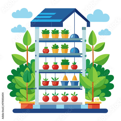 Greenhouse structure for vertical farming, displaying shelves filled with various plants and vegetables, representing modern agricultural practices