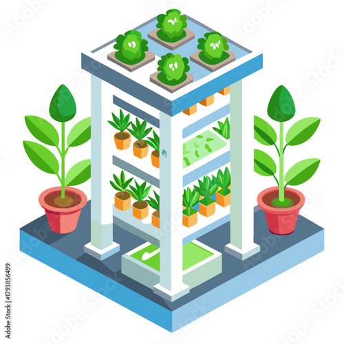 Isometric illustration of a vertical farm with multiple levels of plants growing in pots, showcasing sustainable agriculture and modern farming techniques