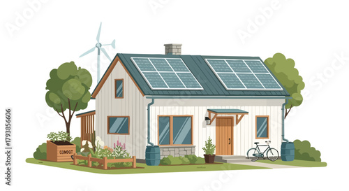 Sustainable Living Illustration: Eco-Friendly House with Solar Panels and Renewable Energy Sources