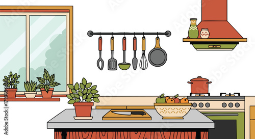 A colorful kitchen illustration showcasing cooking utensils, plants, and a modern kitchen interior design