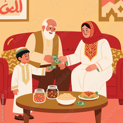 Little Children Visit Grandparents' House on Eid Illustrator Artwork Banner Background Design Template 