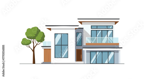 Modern minimalist house facade illustration showcasing architectural design and landscaping featuring a sleek home with clean lines and a stylized