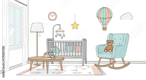Whimsical Nursery Interior with Soft Hues and Playful Elements Depicted in Hand-Drawn Style