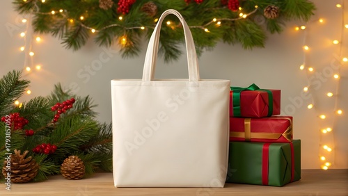 Blank canvas tote bag mockup in a festive Christmas scene, surrounded by sparkling holiday lights, green pine garlands, and vibrant gift boxes, ideal for seasonal branding and promotion