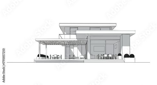 Minimalist architectural sketch showcasing a modern home design with clean lines and open spaces creating an atmosphere of modern living