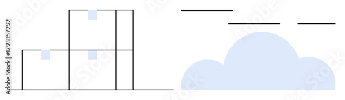 Stacked boxes with labels represent physical storage, paired with a cloud icon suggesting digital solutions. Ideal for logistics, cloud computing, efficiency, data, organization, innovation, simple