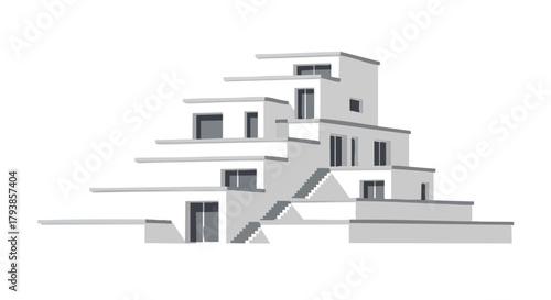 A modern architectural design features a stepped building with a minimalist aesthetic and clean lines, creating a unique residential space with