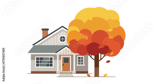 Charming Autumn Abode: A Quaint House Nestled Beside a Vibrant Tree Showcasing Fall Colors