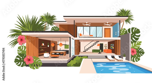 Stylish modern house with pool amidst tropical plants in a minimalist contemporary style design setting