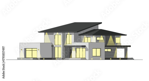 Architectural visualization showcasing modern two-story house with sleek lines and contemporary design elements illuminated against a plain backdrop