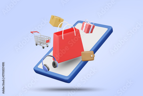 3D vector illustration render of online shopping and ecommerce concept. Variety of products, mobile commerce with shopping cart, wallet and headphones.