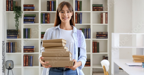 Happy female student with b...