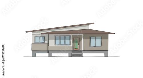 Conceptual visualization of a single-story residential house with elevated foundation and modern architecture lines