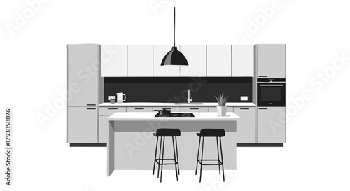 Elegant monochrome kitchen design, featuring a central island with two stools and modern appliances highlighting simplicity and sophistication