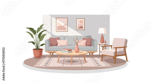 Stylized Living Room Interior with Modern Furnishings and Neutral Tones Creates a Calming and Elegant Space