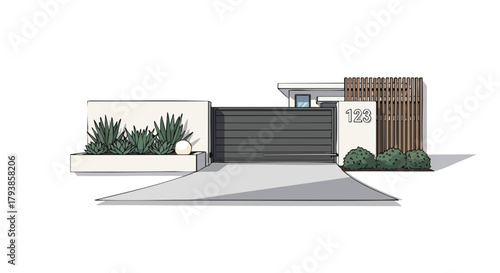 Architectural depiction illustrating a contemporary home's facade with a modern driveway design and distinctive landscaping arrangement